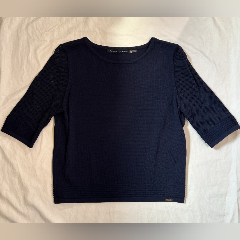 Shoulder Length Navy Blue Top with Knit Sleeve And Waist Detail by Ivanka Trump